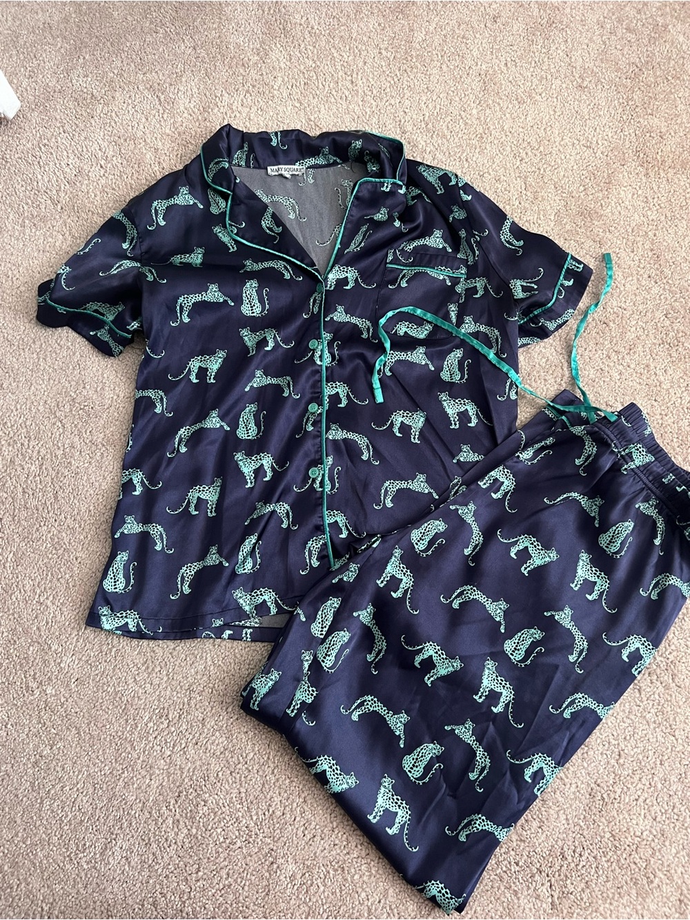 Mary Square Womens Navy Short-Sleeve Pajama Set with Mint Leopard Print